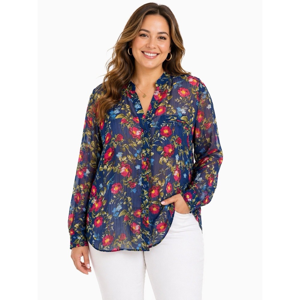 Kut From The Kloth Women's L‎ Blue Floral Sheer Blouse Button Front Boho Top